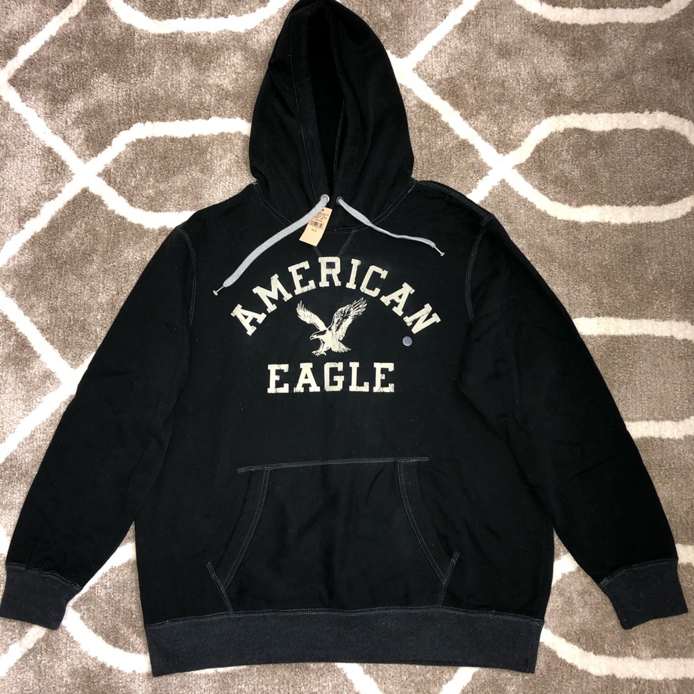 AE Men XL Black Gray Soft Fleece Hoodie Sweater